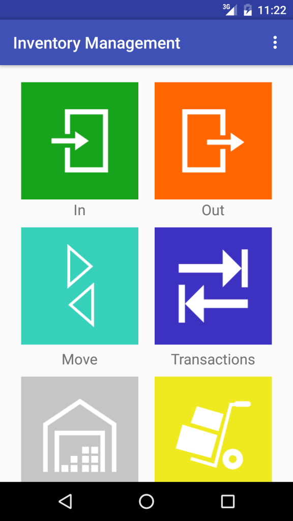 Inventory Management app main dashboard showing inbound, outbound and move buttons
